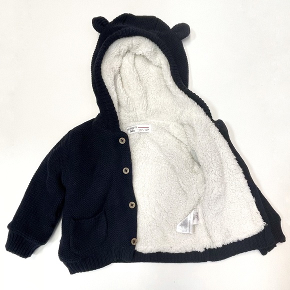 Minoti • baby fleece lined cotton cardigan sweater buttons hood ears • 9 months - Picture 3 of 8